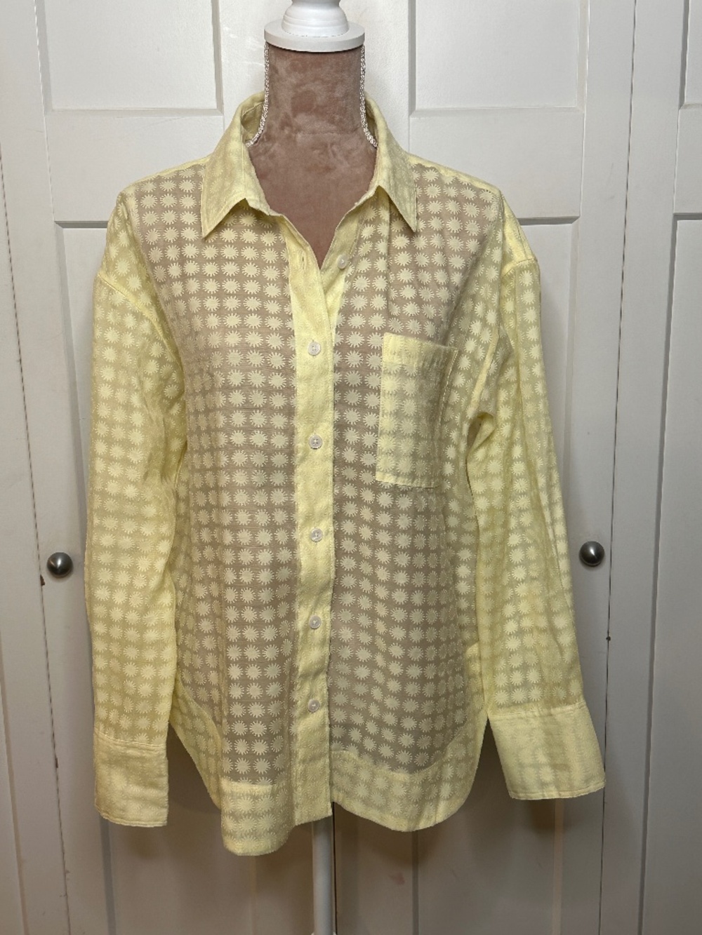On 34th Women's Yellow Floral Burnout Button Down Relaxed Blouse, Sz L